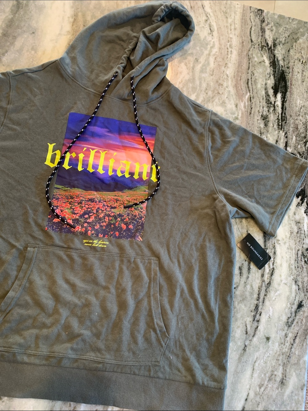 No Boundaries Olive Hoodie with Vibrant Sunset Graphic
